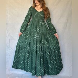 70s Vintage Green Micro Floral Prairie Cottagecore Tiered Maxi Dress